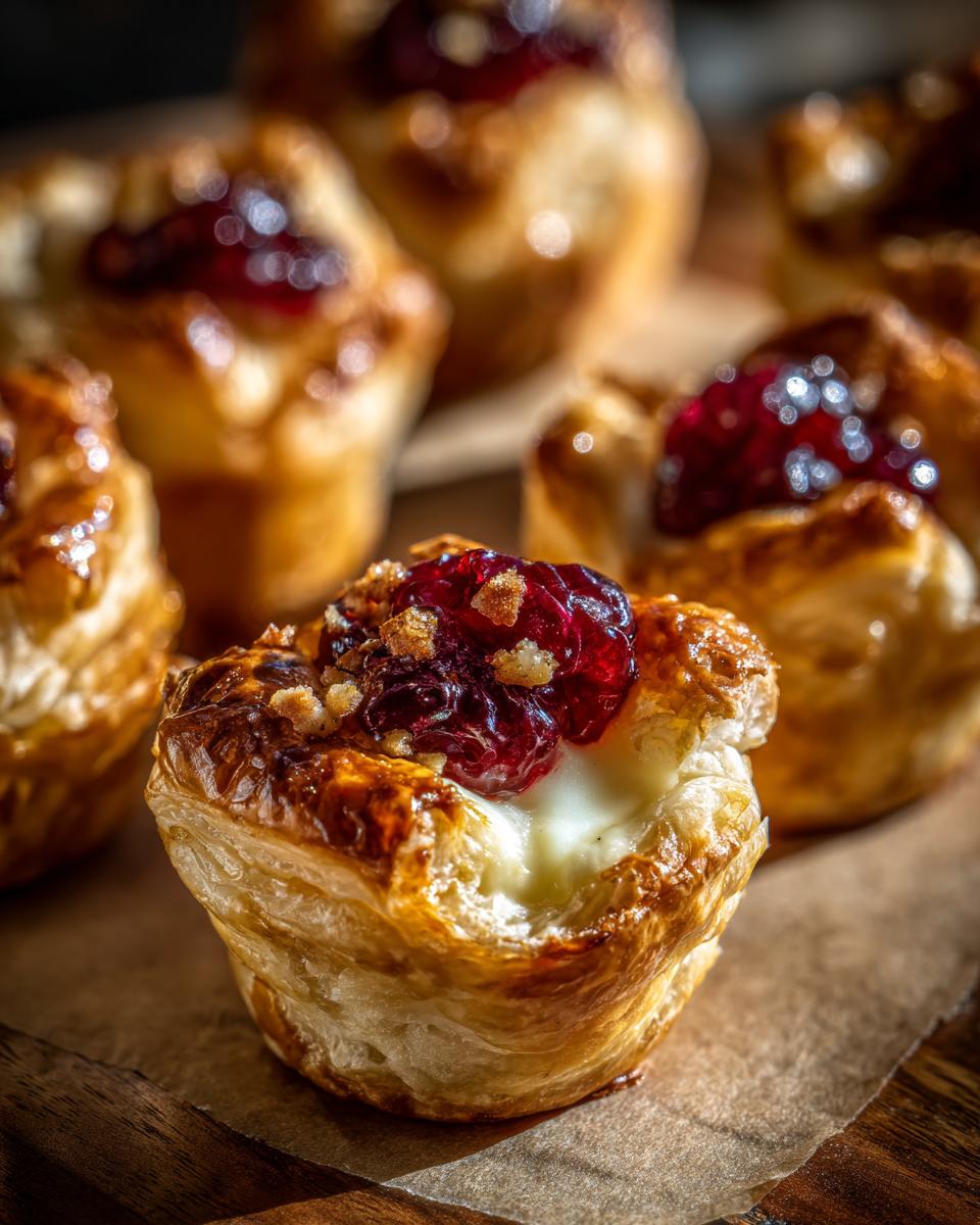 Close-up of a golden, flaky pastry cup filled with melted brie and topped with cranberry preserves, one of the amazing brie bites.