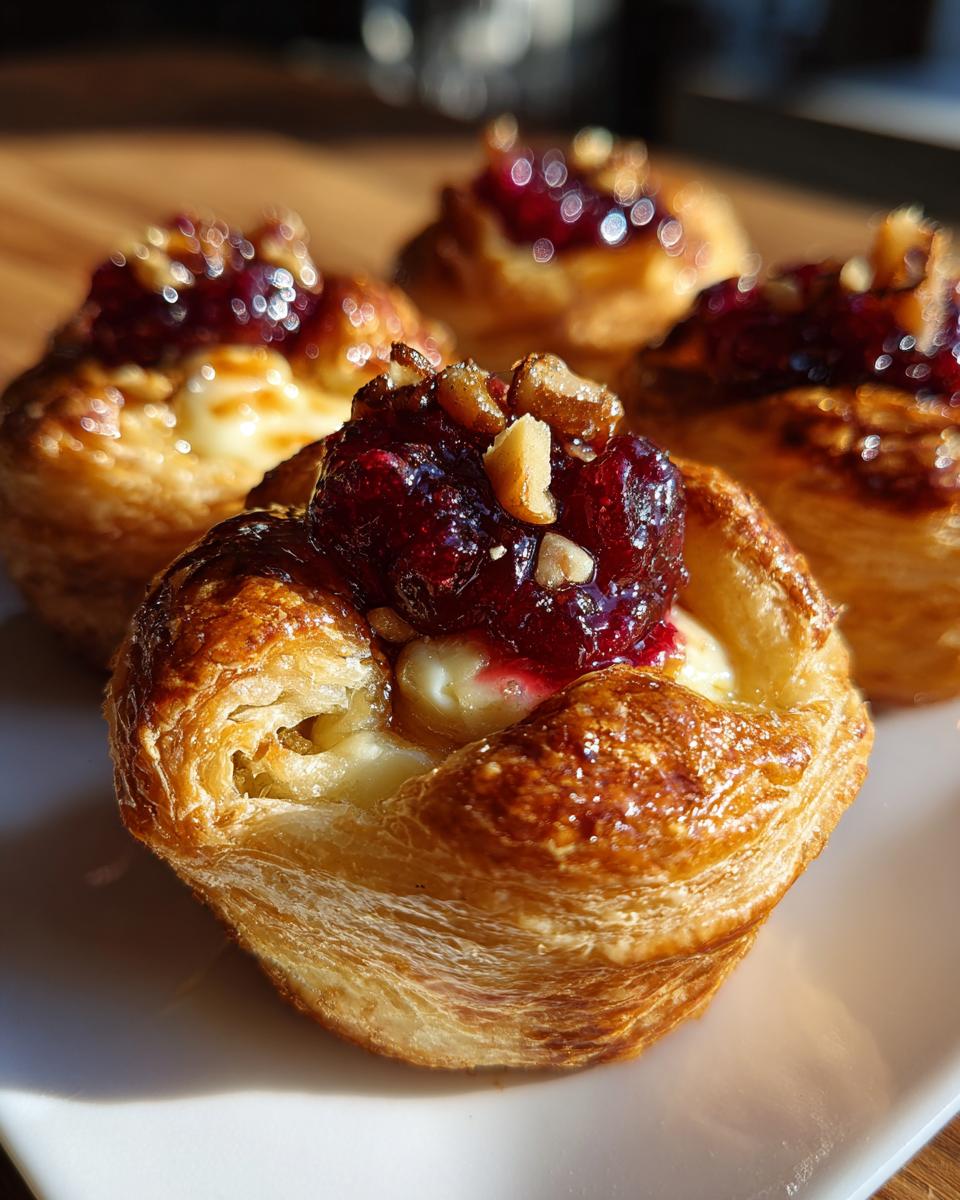Close-up of golden, flaky pastry cups filled with melted brie and topped with cranberry sauce and chopped nuts, perfect brie bites.