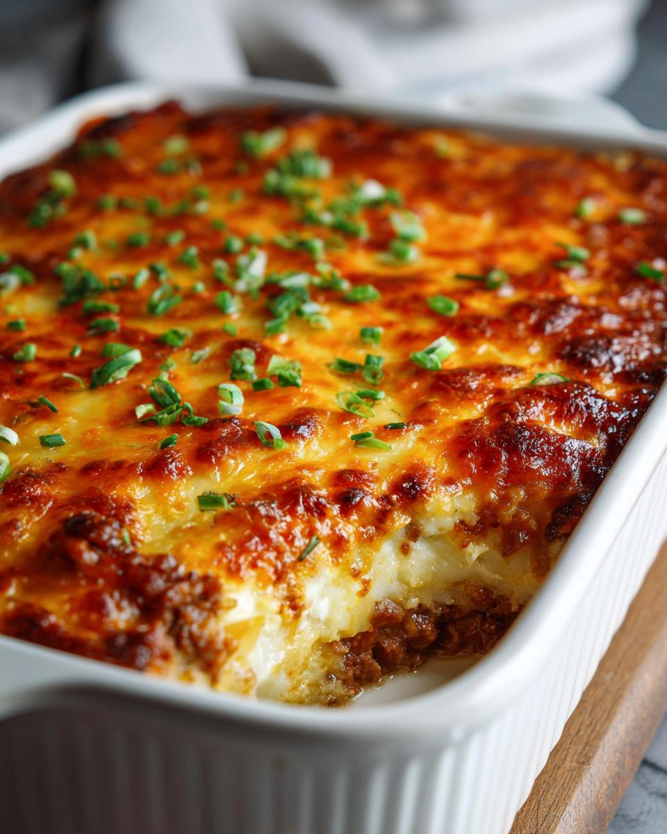 A close-up of a bubbling ground beef and potato casserole, topped with melted cheese and green onions.