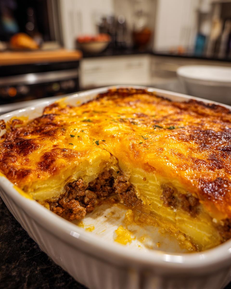 A close-up of a golden-brown ground beef and potato casserole, with a slice removed to show layers of meat and potatoes.
