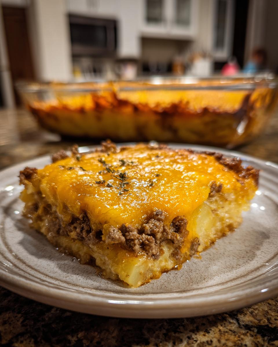 A delicious slice of ground beef and potato casserole topped with melted cheddar cheese and herbs.