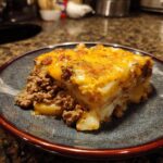 A delicious slice of ground beef and potato casserole, featuring layers of seasoned ground beef and tender potatoes topped with melted cheese.