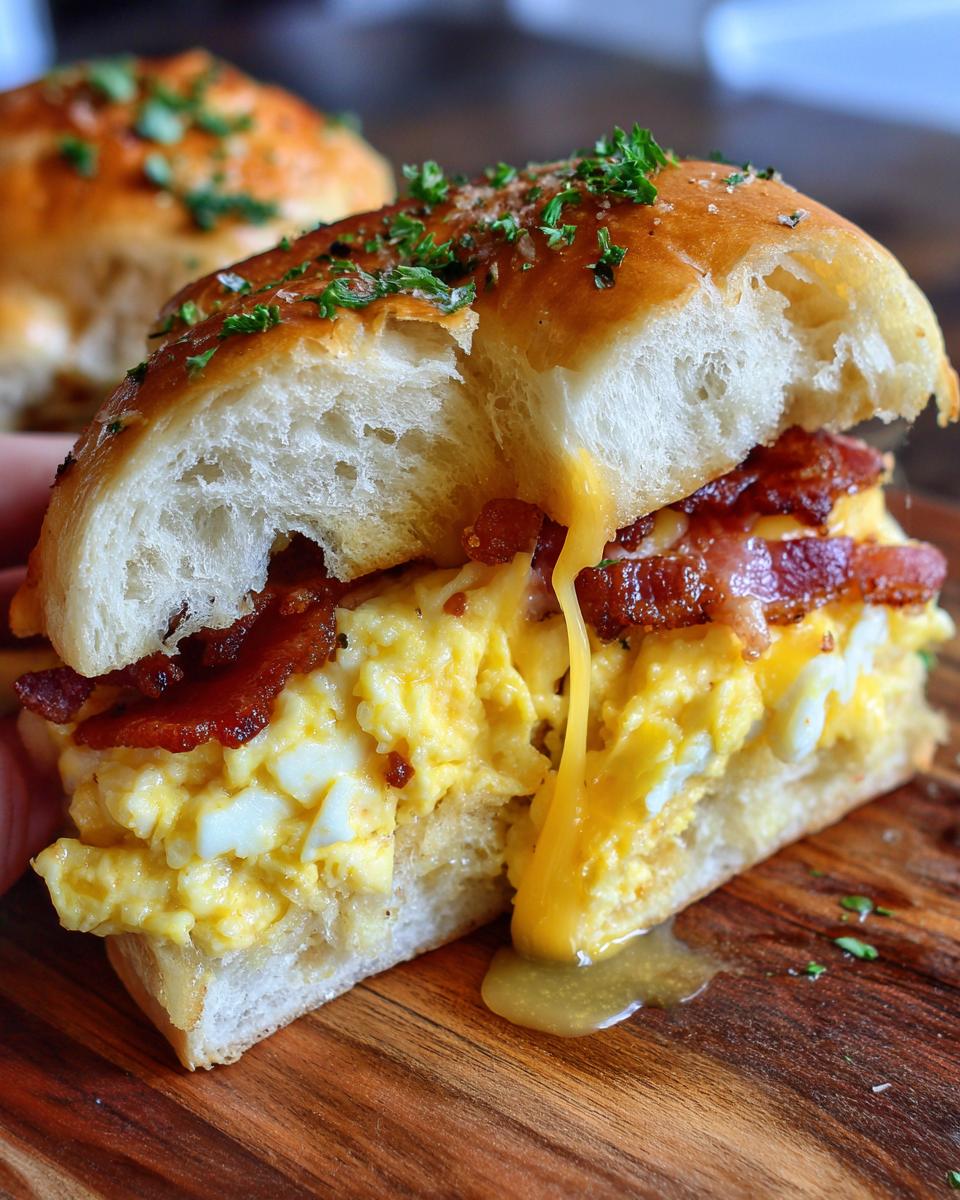 A delicious Hawaiian roll breakfast sandwich filled with scrambled eggs, crispy bacon, and melted cheese, garnished with parsley.