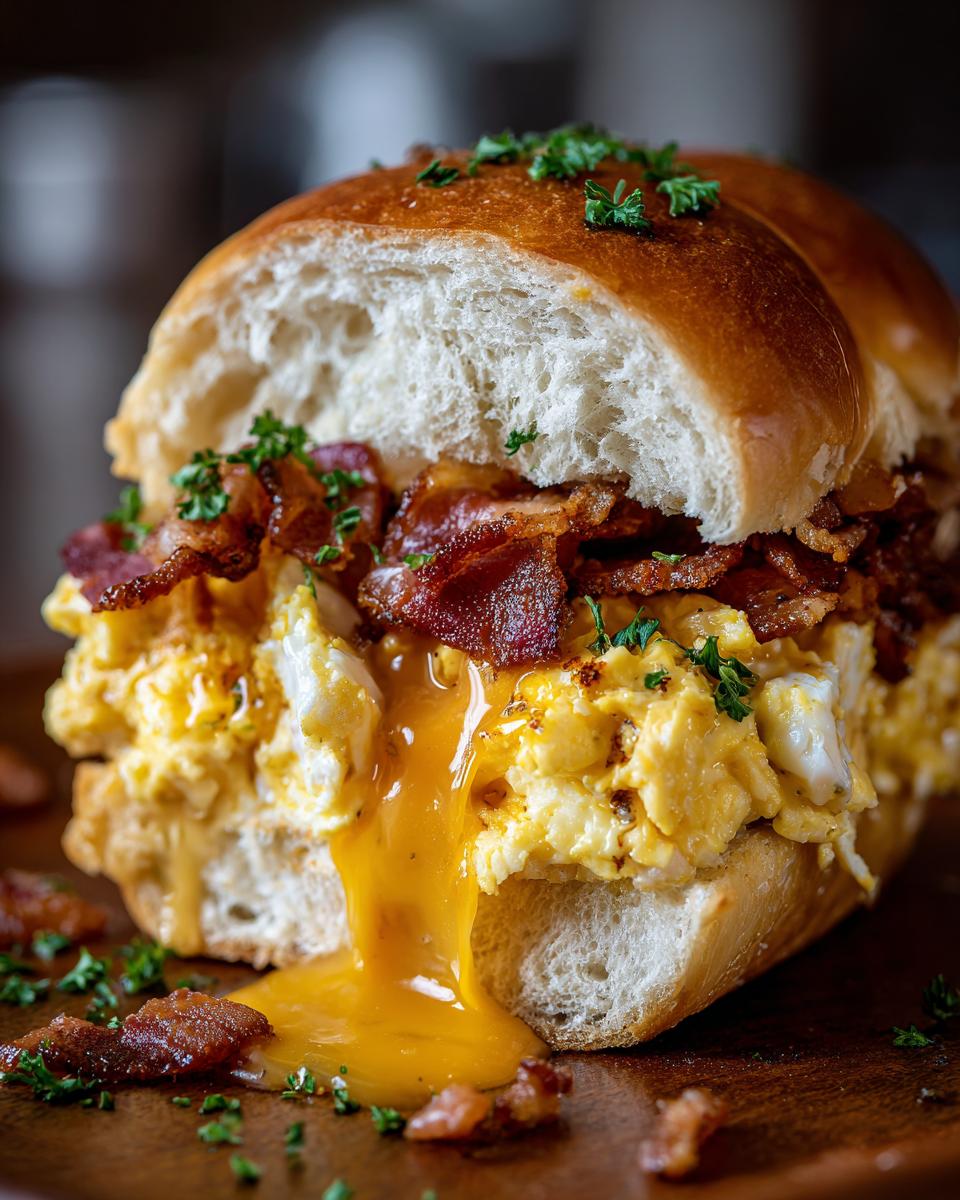 A close-up of a delicious Hawaiian roll breakfast sandwich filled with fluffy scrambled eggs, crispy bacon, and a runny egg yolk.