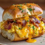 Close-up of a delicious Hawaiian roll breakfast sandwich filled with scrambled eggs, crispy bacon, and melted cheddar cheese, sprinkled with parsley.