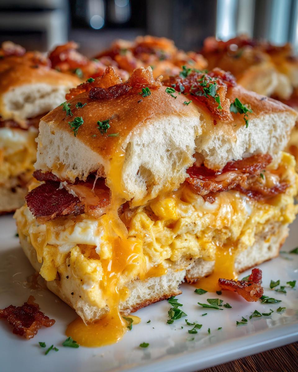 Close-up of a Hawaiian roll breakfast sandwich overflowing with scrambled eggs, melted cheese, and crispy bacon.