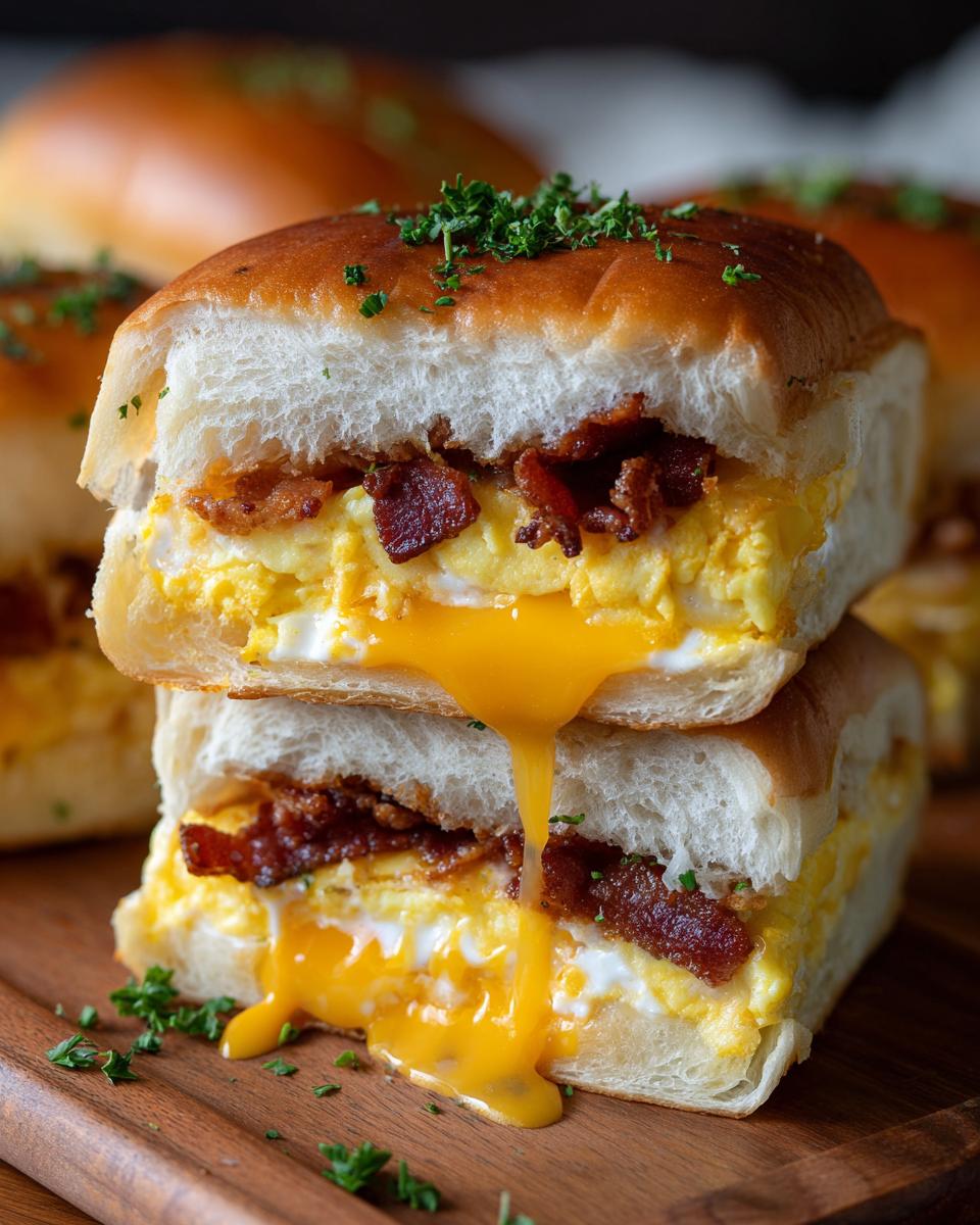 Stack of two Hawaiian roll breakfast sandwiches filled with scrambled eggs, crispy bacon, and melted cheese, with egg yolk dripping.