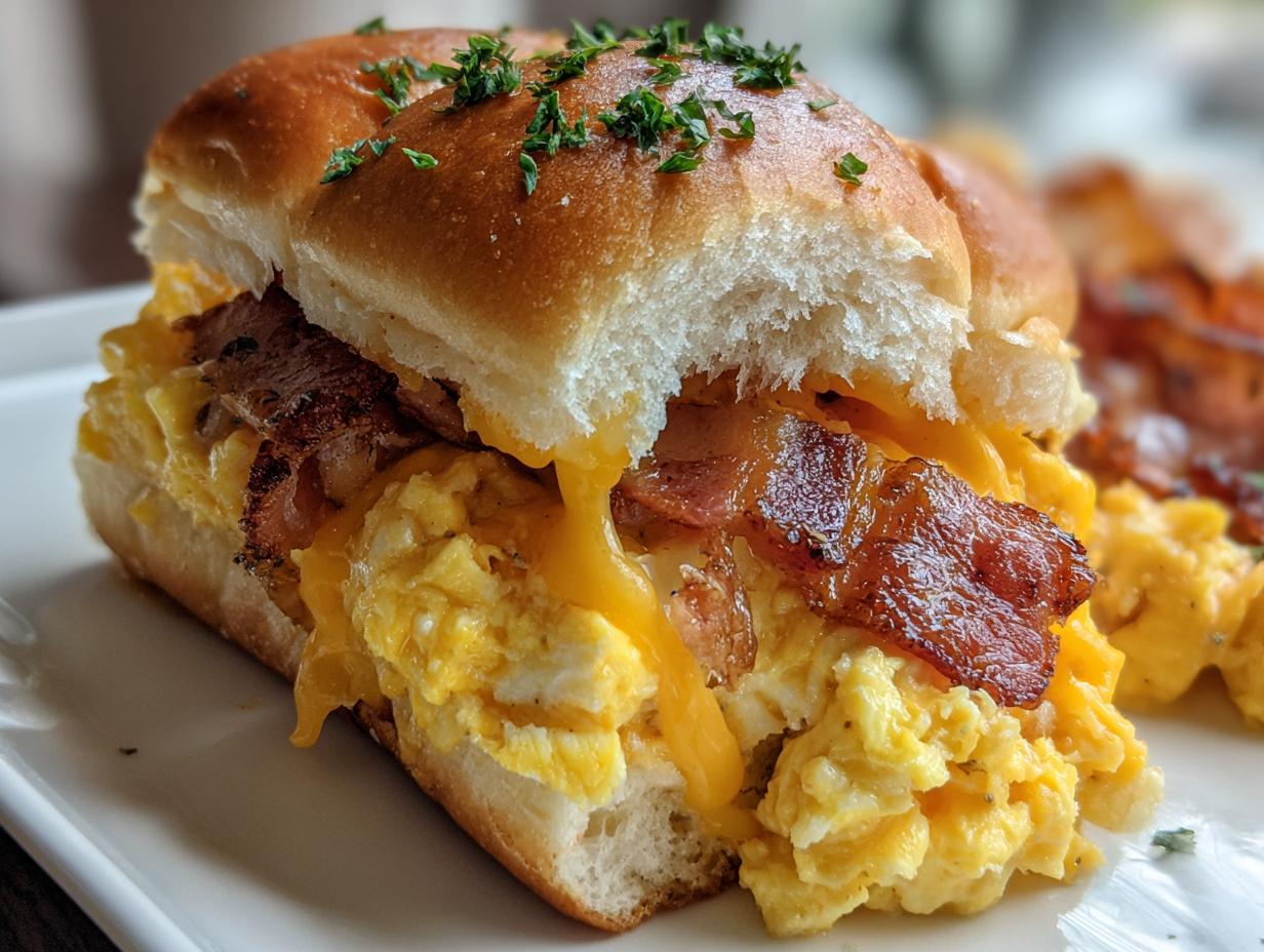 Close-up of a delicious Hawaiian roll breakfast sandwich filled with fluffy scrambled eggs, crispy bacon, and melted cheese.
