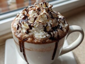 A close-up of a mug filled with hazelnut hot chocolate, topped with whipped cream and chocolate drizzle.