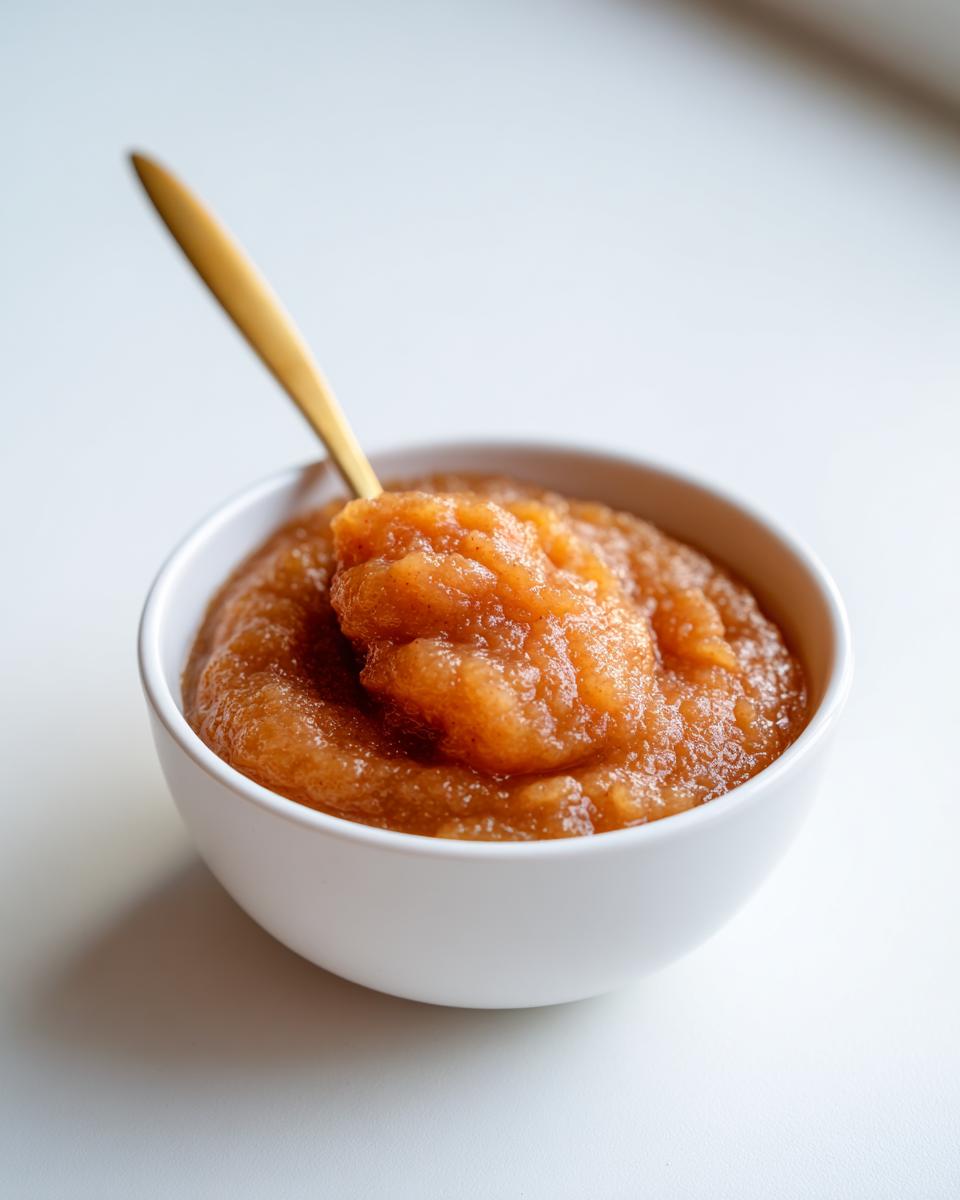 Close-up of chunky, spiced applesauce in a white bowl with a golden spoon resting in it.