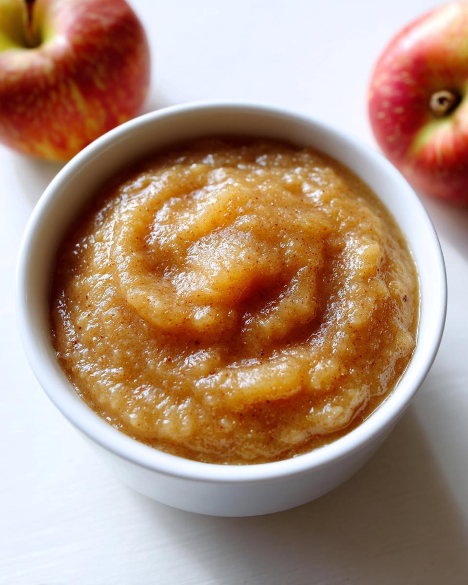 Close-up of homemade applesauce sprinkled with cinnamon in a white bowl, with fresh apples blurred in the background.