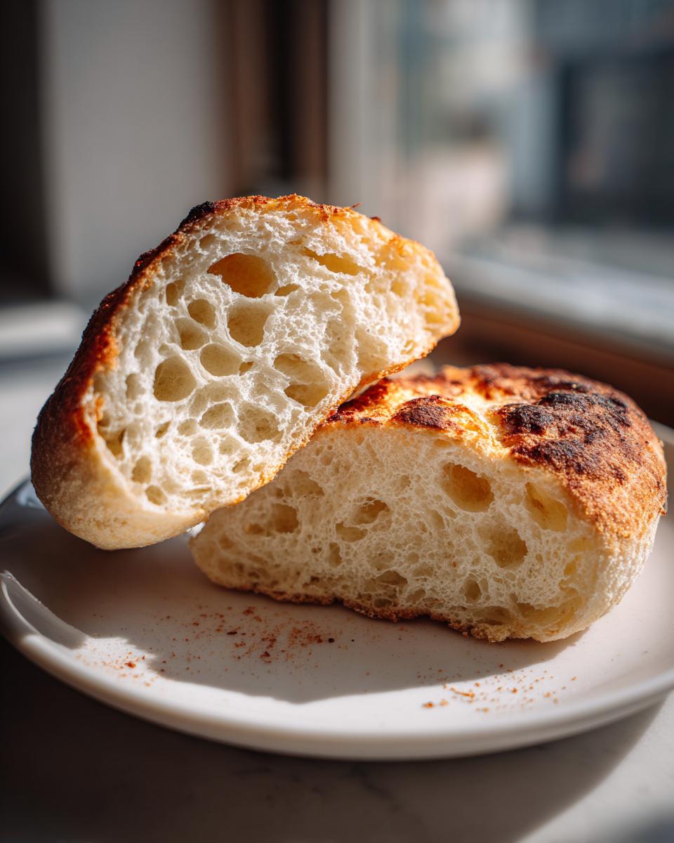Close-up of homemade English muffins split in half showing the airy, open crumb structure and toasted exterior.