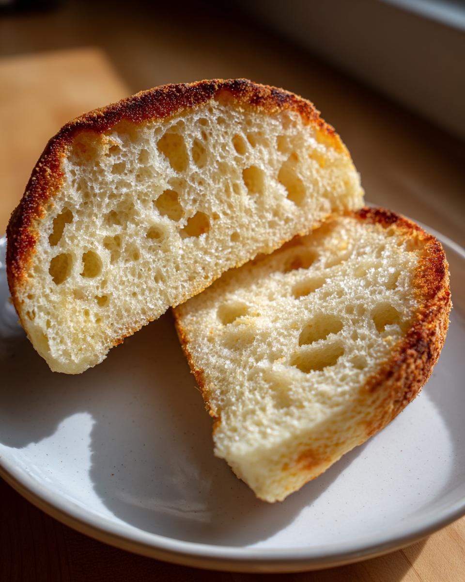 Close-up of homemade English muffins split open, showing the signature nooks and crannies texture.