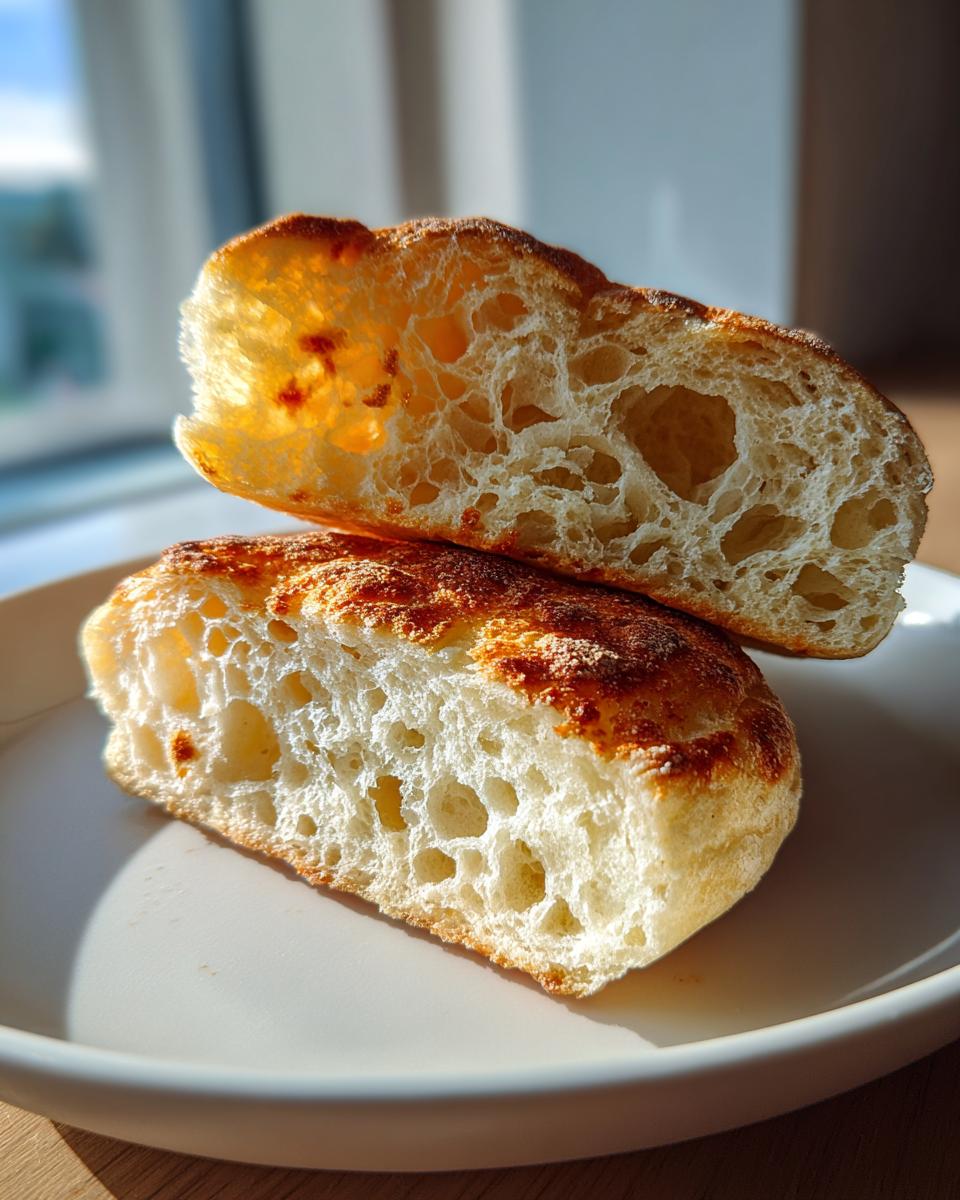 Close-up of homemade english muffins split open showing the airy, hole-filled interior crumb.
