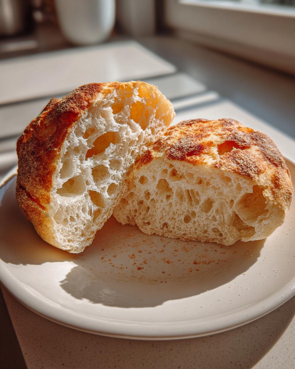 Close-up of homemade english muffins split open showing the characteristic airy, open crumb structure.