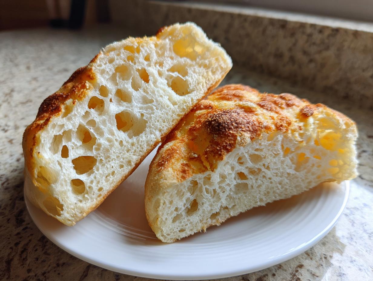 Two halves of a homemade English muffin showing an open, airy crumb structure with large holes.