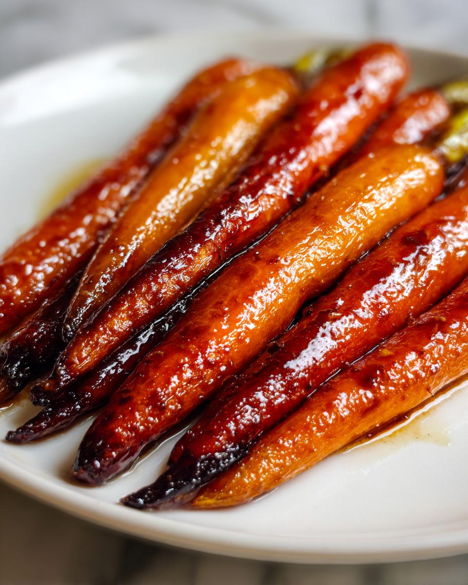 Close-up view of perfectly cooked, glossy honey glazed carrots resting on a white serving dish.