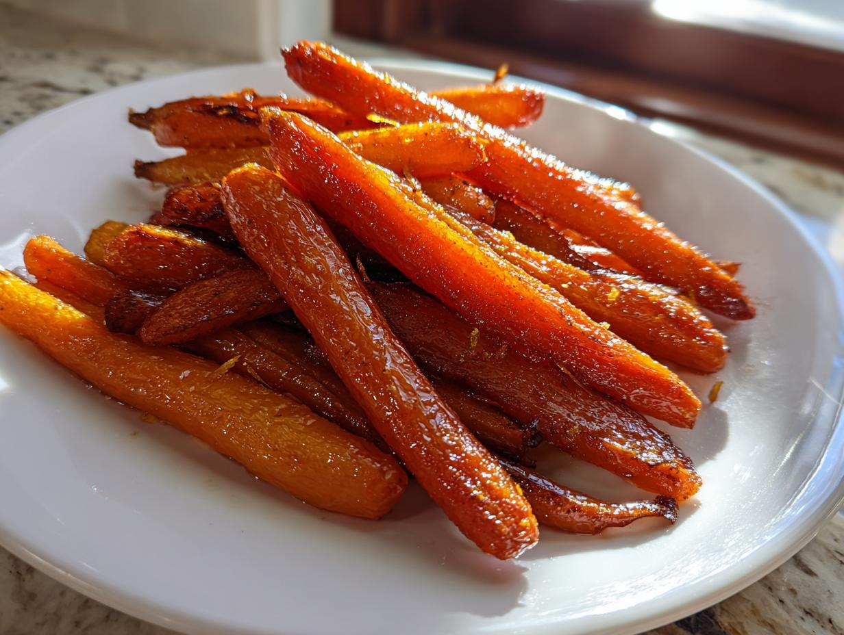 A close-up of beautifully caramelized honey glazed carrots piled high on a white serving dish.