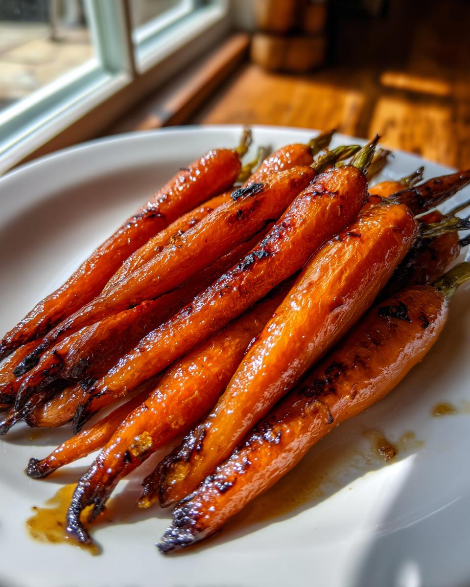 A close-up of beautifully caramelized honey glazed carrots with slightly charred tips served on a white plate.