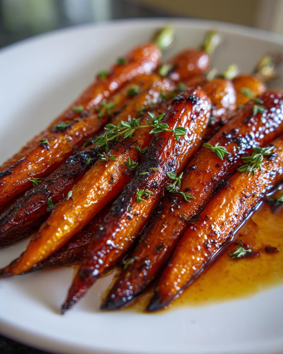 Close-up of roasted honey glazed carrots glistening with sauce and topped with fresh thyme sprigs.