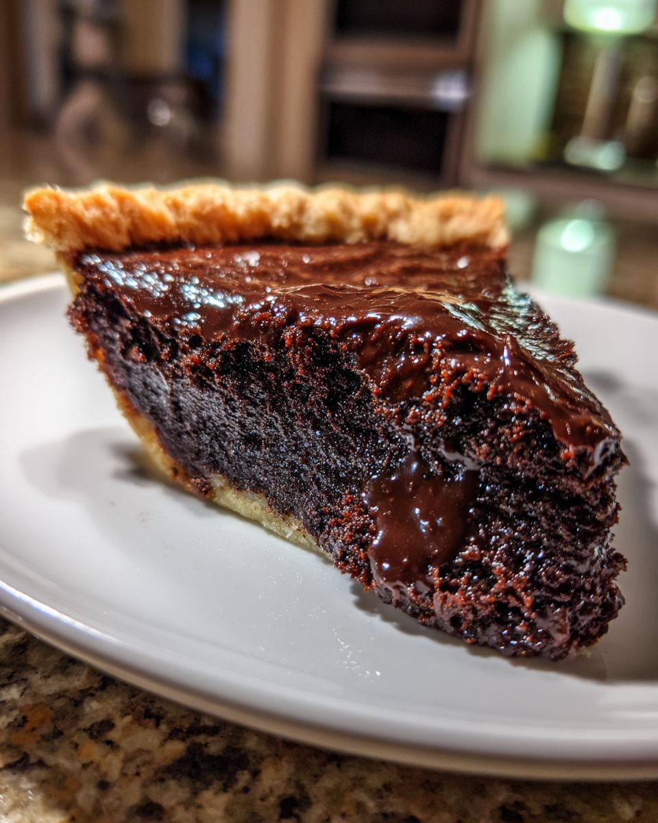 Close-up of a rich, dark slice of hot fudge pie showing the dense chocolate filling and glossy topping on a white plate.