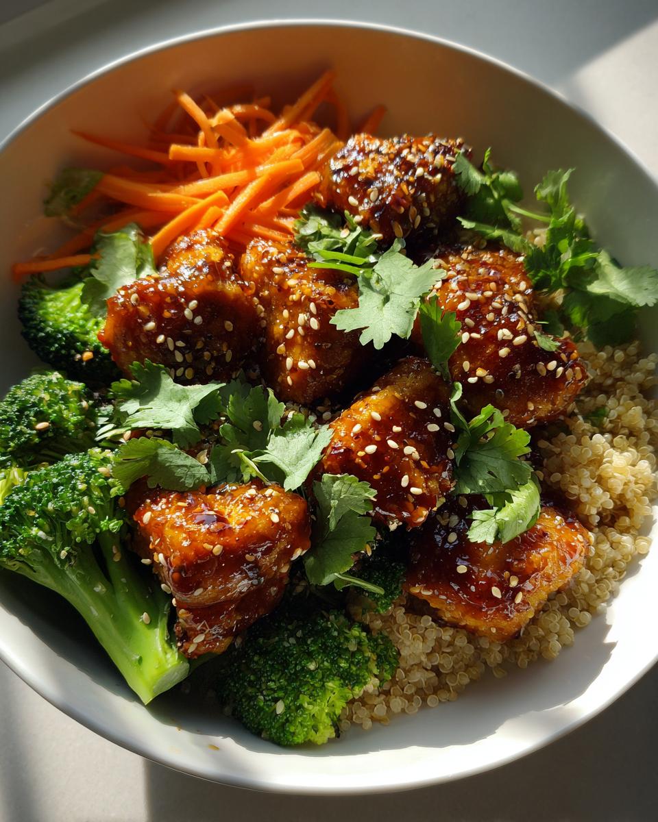 A delicious hot honey chicken bowl with quinoa, broccoli, shredded carrots, and cilantro.