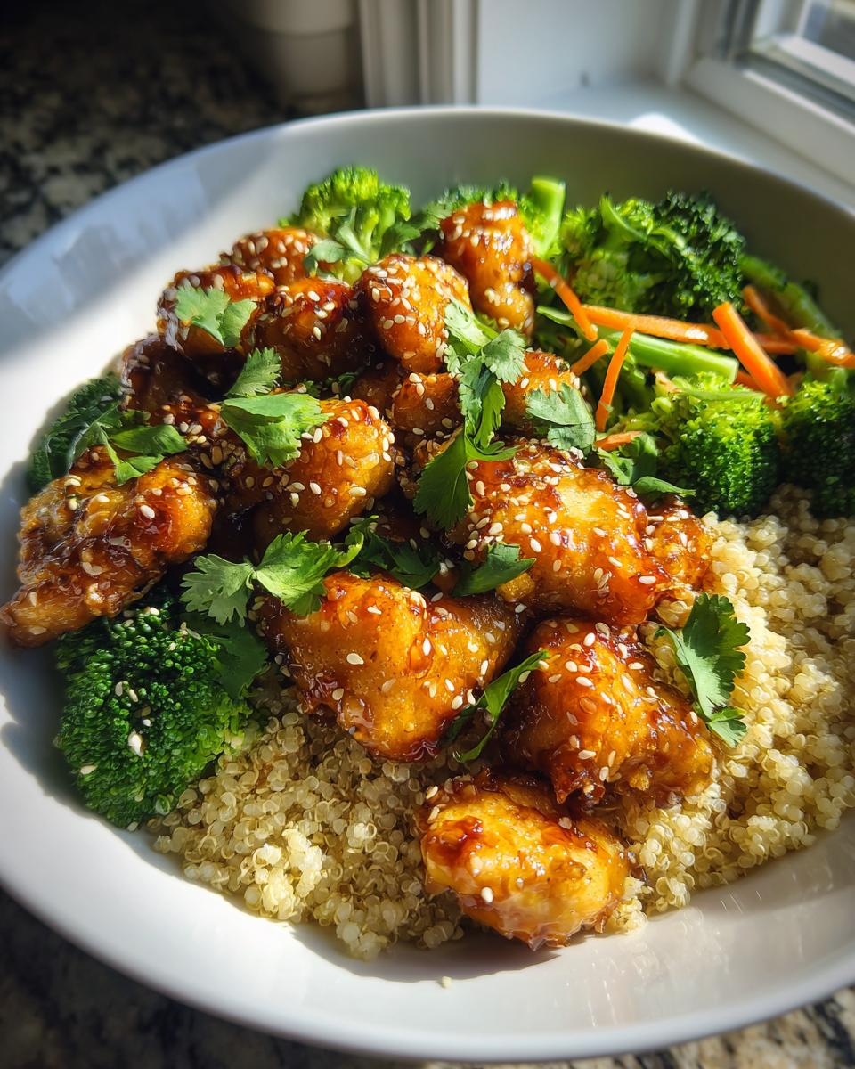 A delicious hot honey chicken bowl featuring glazed chicken pieces, quinoa, steamed broccoli, and julienned carrots, topped with sesame seeds and cilantro.