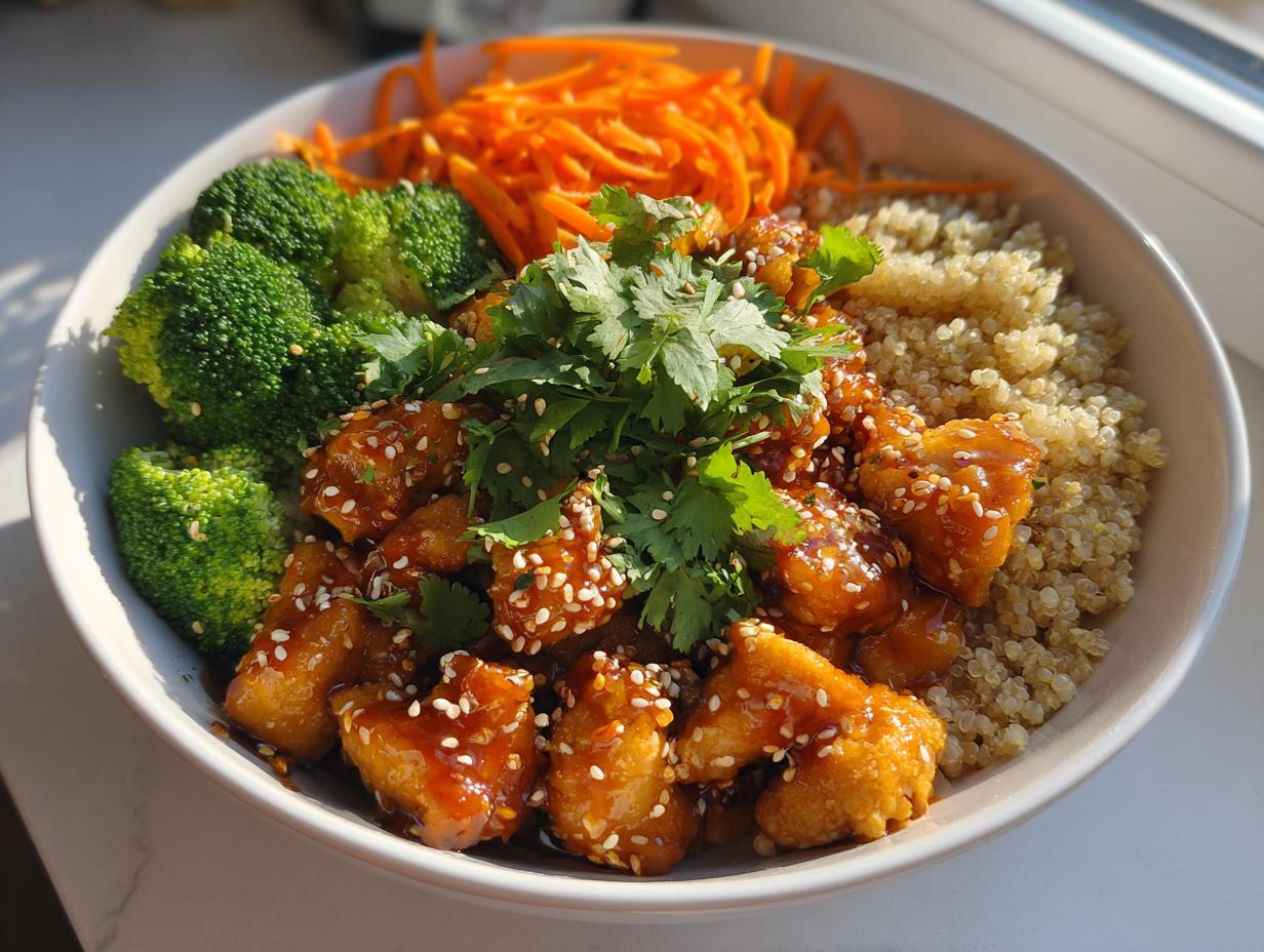 A delicious hot honey chicken bowl featuring glazed chicken pieces, quinoa, steamed broccoli, and shredded carrots, topped with cilantro and sesame seeds.