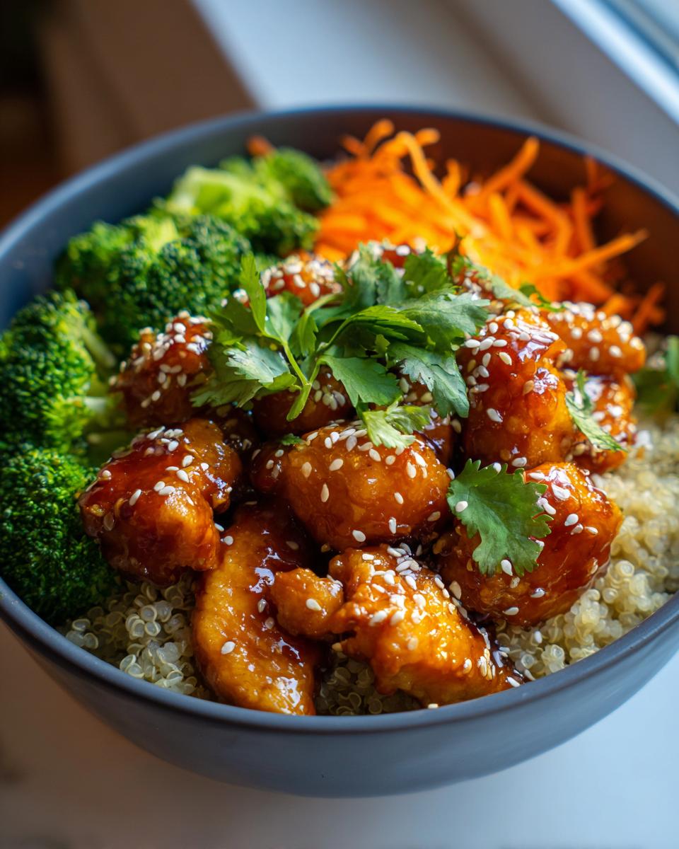 A delicious hot honey chicken bowl filled with quinoa, broccoli, shredded carrots, and garnished with sesame seeds and cilantro.