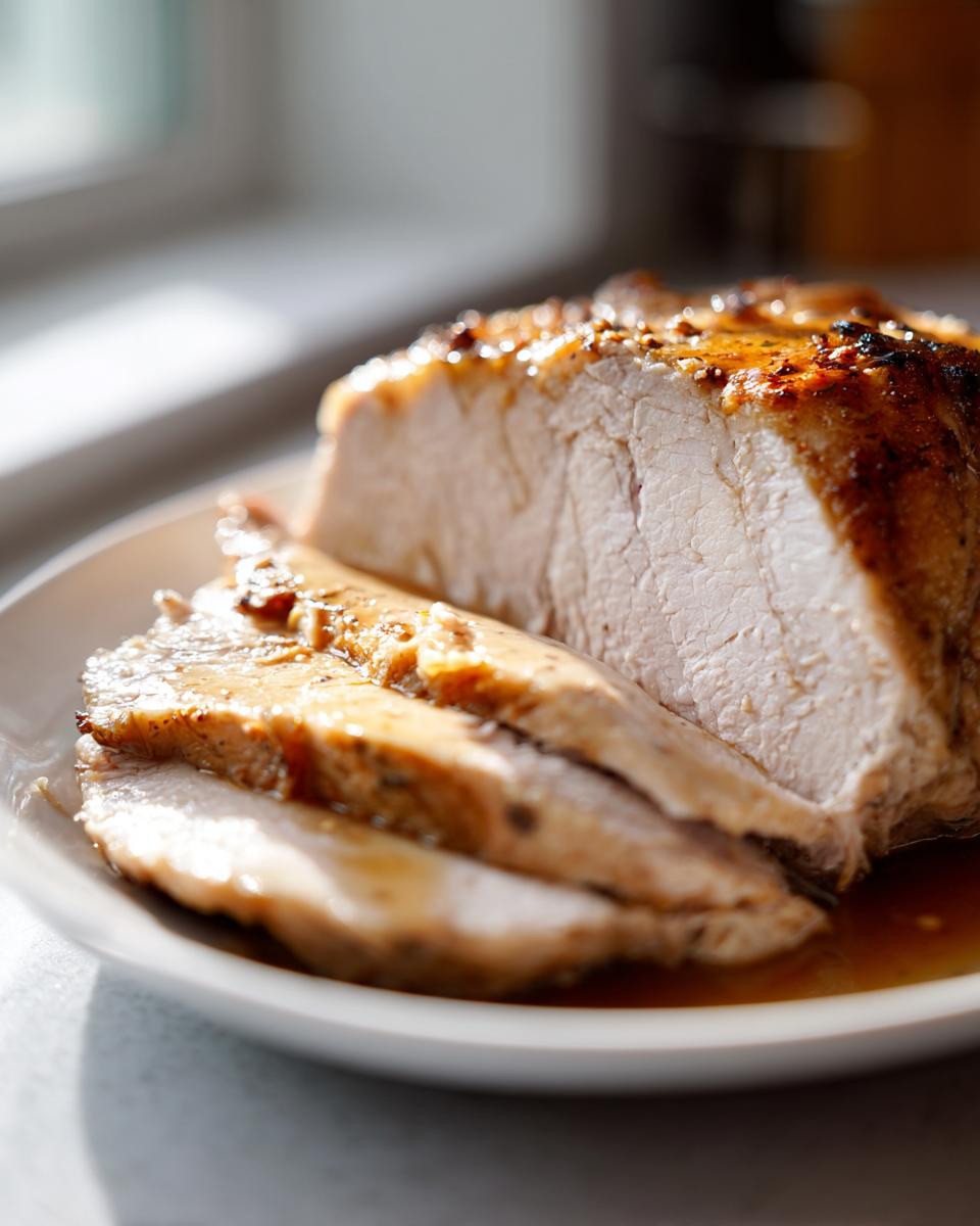 Close-up of sliced, juicy instant pot turkey breast resting in pan juices on a white plate.