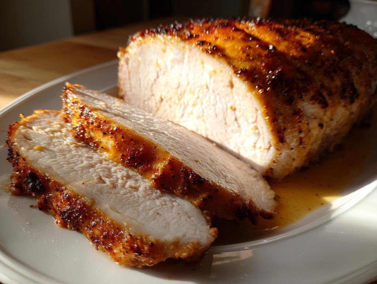 A beautifully cooked and sliced instant pot turkey breast showing a juicy white interior and a dark, seasoned crust.