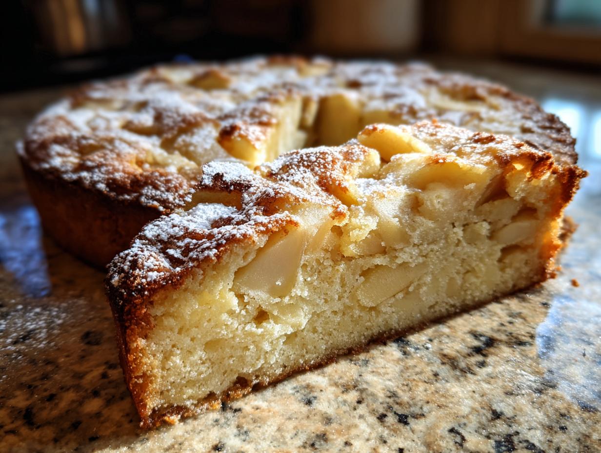 A close-up of a slice of moist Italian apple cake, dusted with powdered sugar, revealing tender apple pieces within.