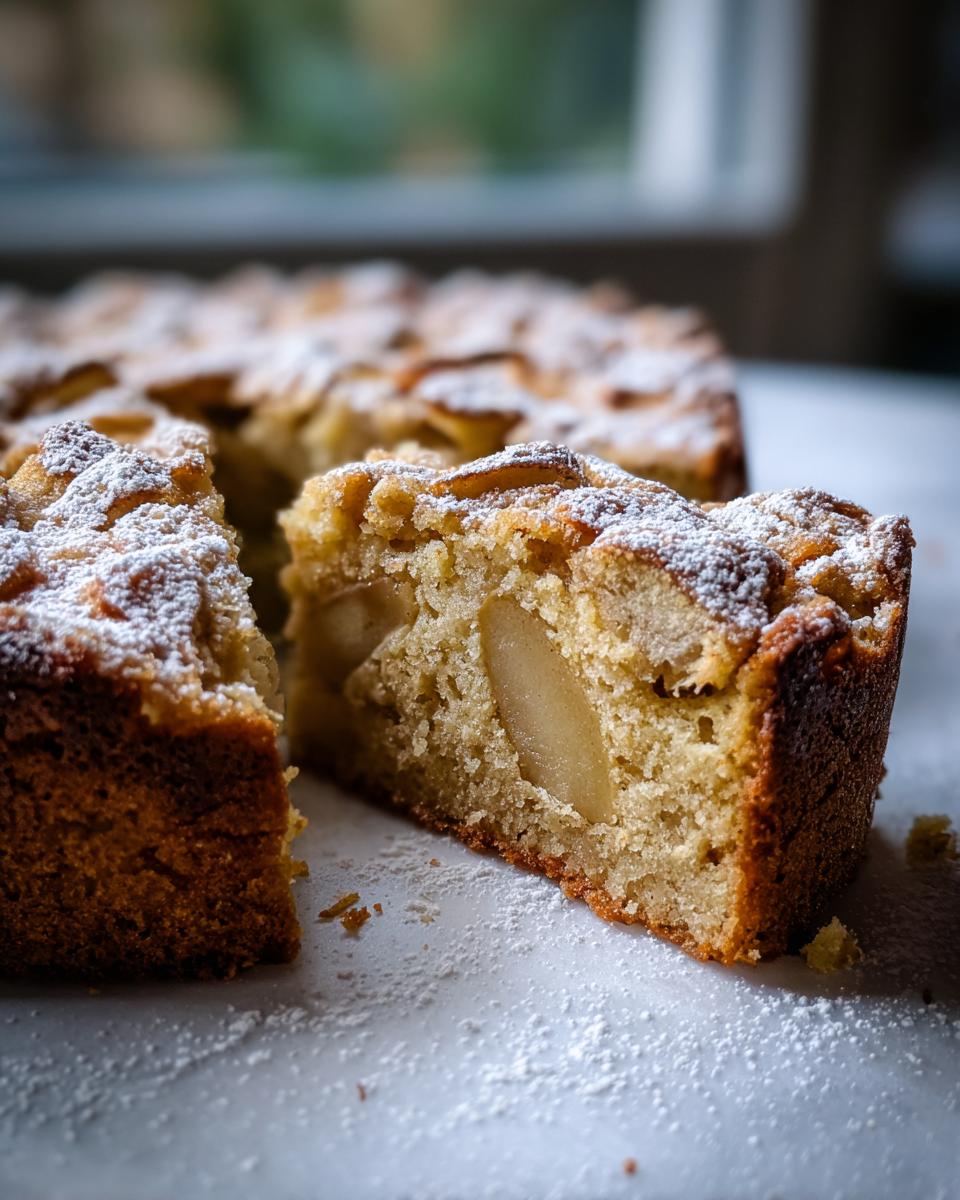 A slice of moist Italian apple cake, dusted with powdered sugar, revealing tender apple pieces inside.