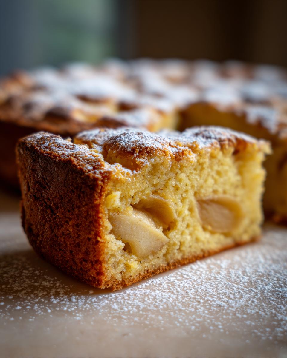 A close-up of a moist slice of Italian apple cake, dusted with powdered sugar, showing chunks of apple within.