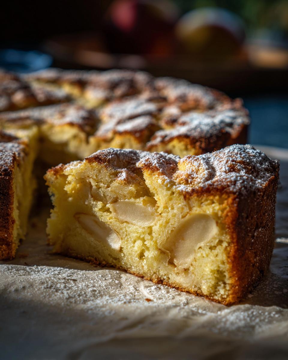A moist slice of Italian apple cake, dusted with powdered sugar, revealing tender apple slices within.