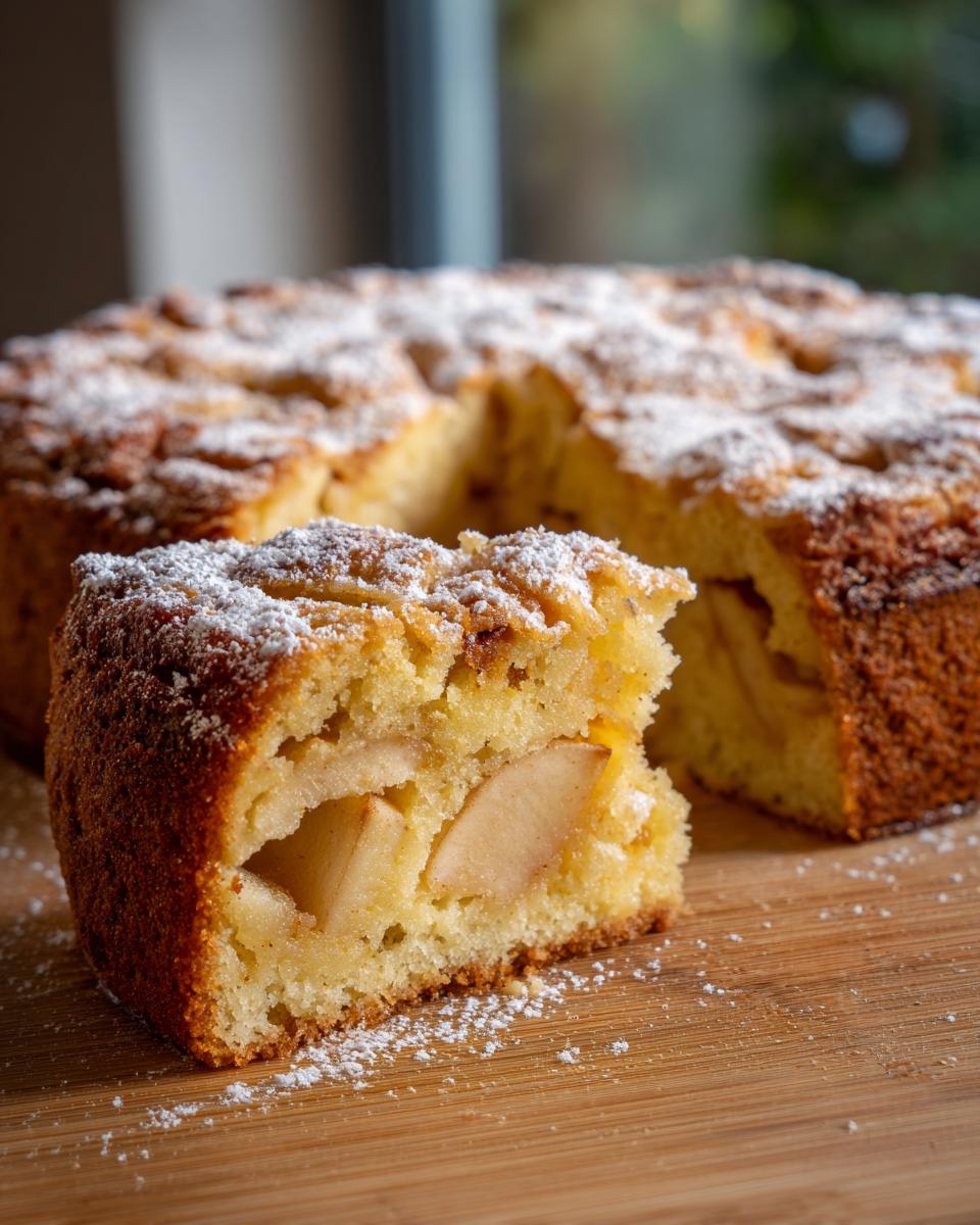 A close-up of a slice of moist Italian apple cake, dusted with powdered sugar, revealing tender apple pieces within.