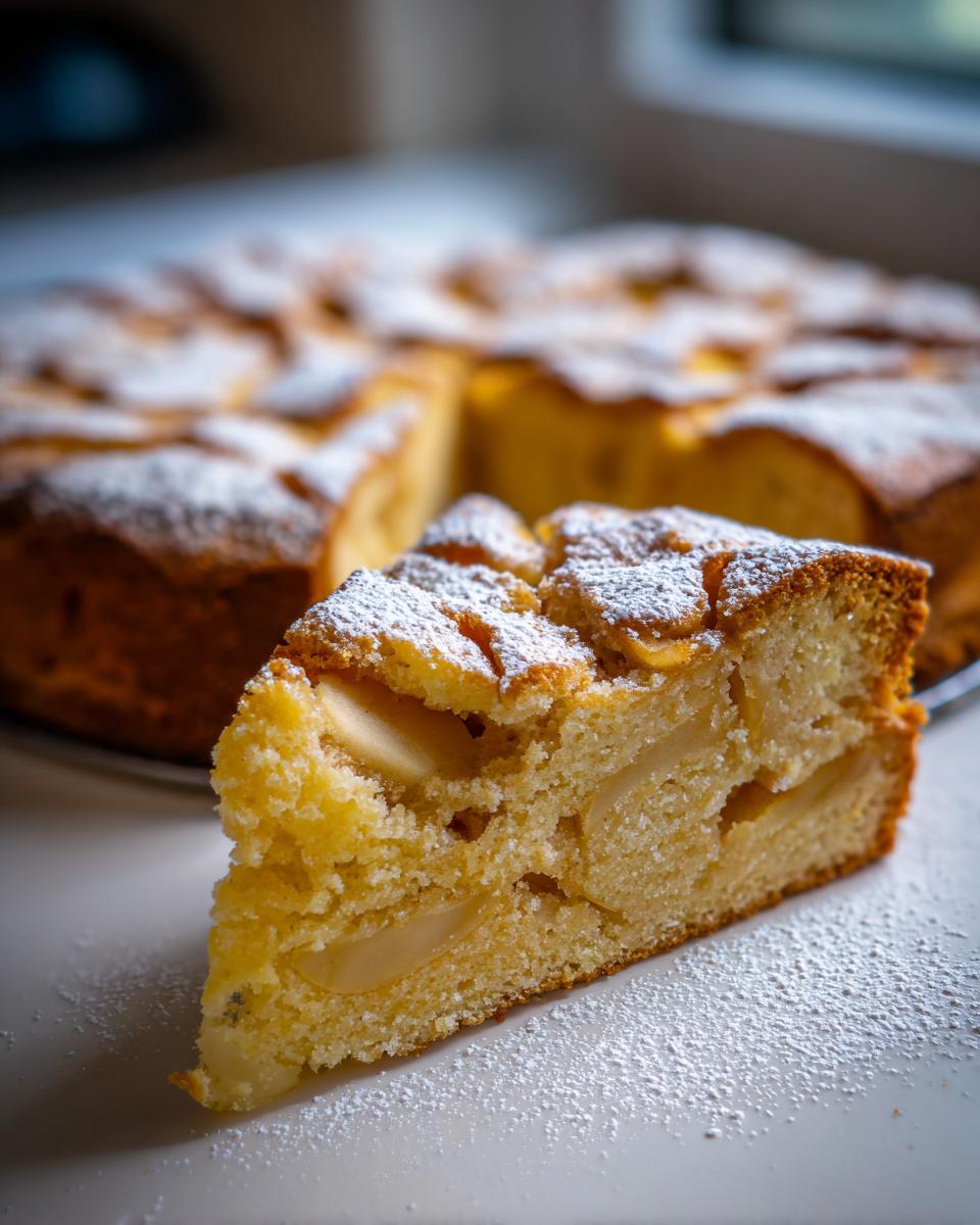 A slice of rustic Italian apple cake (torta di mele) dusted with powdered sugar, showing tender apple pieces within.