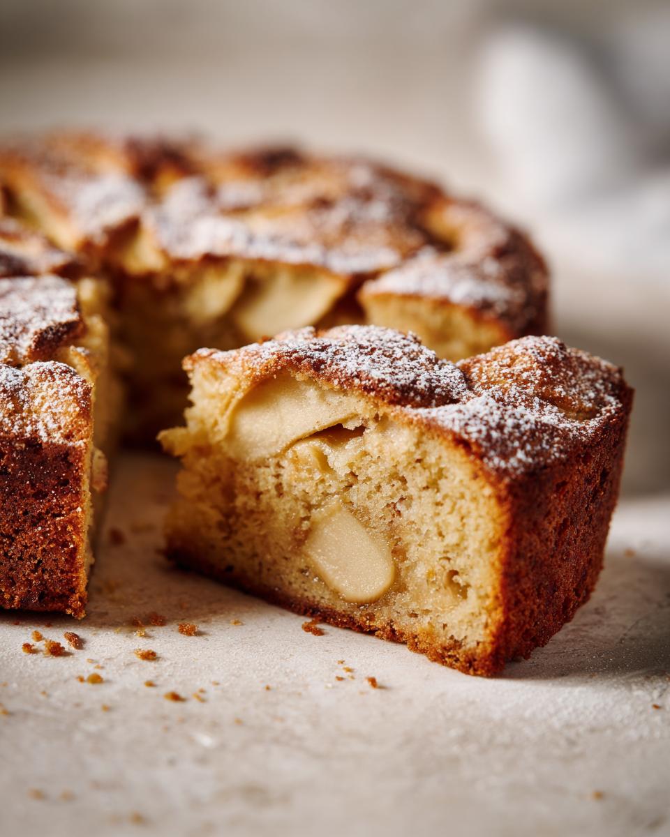 A close-up of a slice of rustic Italian apple cake (torta di mele) dusted with powdered sugar, revealing tender apple pieces.