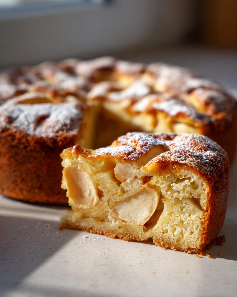 A close-up of a slice of rustic Italian apple cake (torta di mele) dusted with powdered sugar, showing tender apple pieces within.