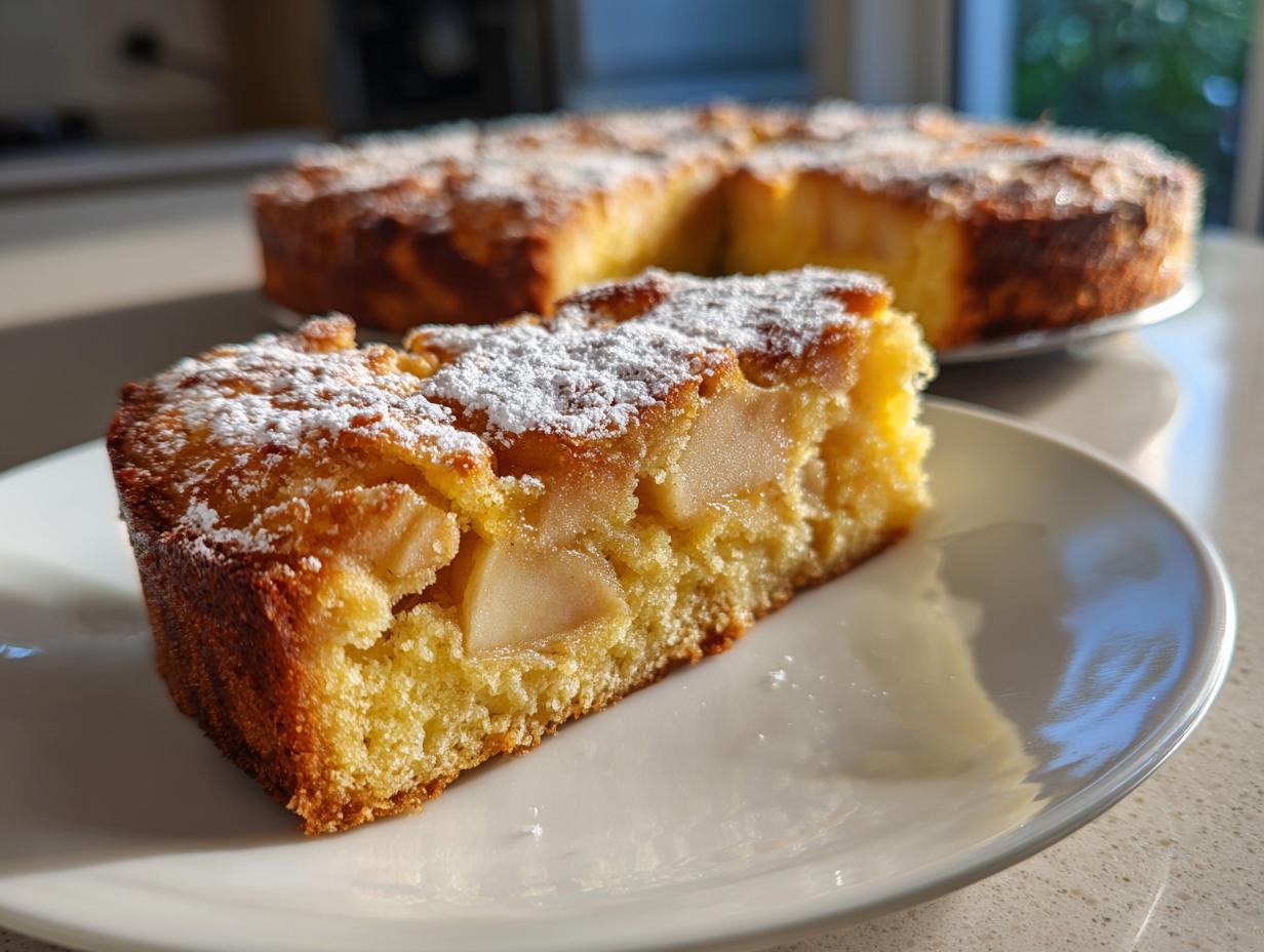 A slice of moist Italian apple cake (torta di mele) dusted with powdered sugar, showcasing tender apple pieces.