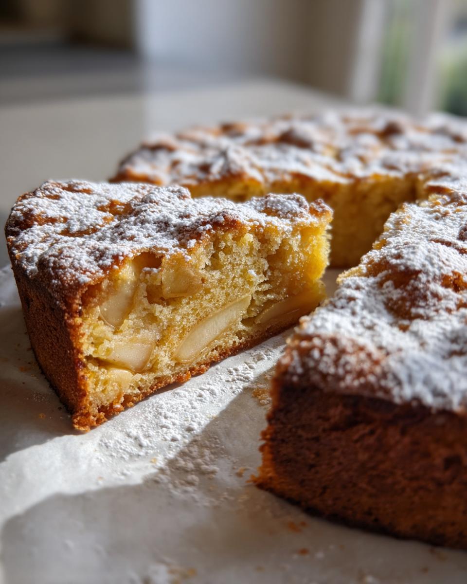 A slice of rustic Italian apple cake (torta di mele) dusted with powdered sugar, revealing tender apple pieces within.