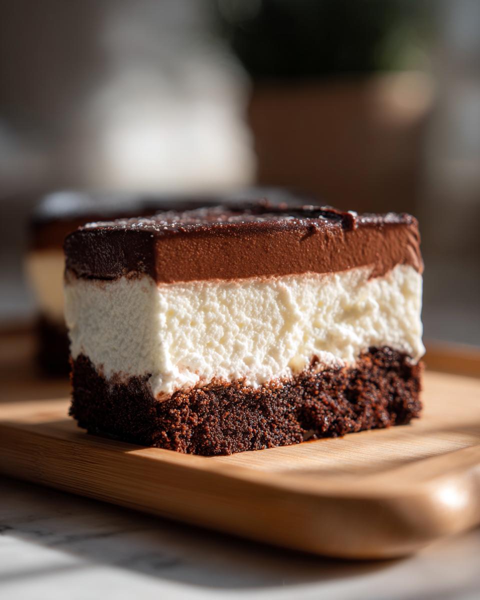 Close-up of a rich slice of Italian love cake featuring a dark chocolate base, thick white cream layer, and chocolate mousse topping.