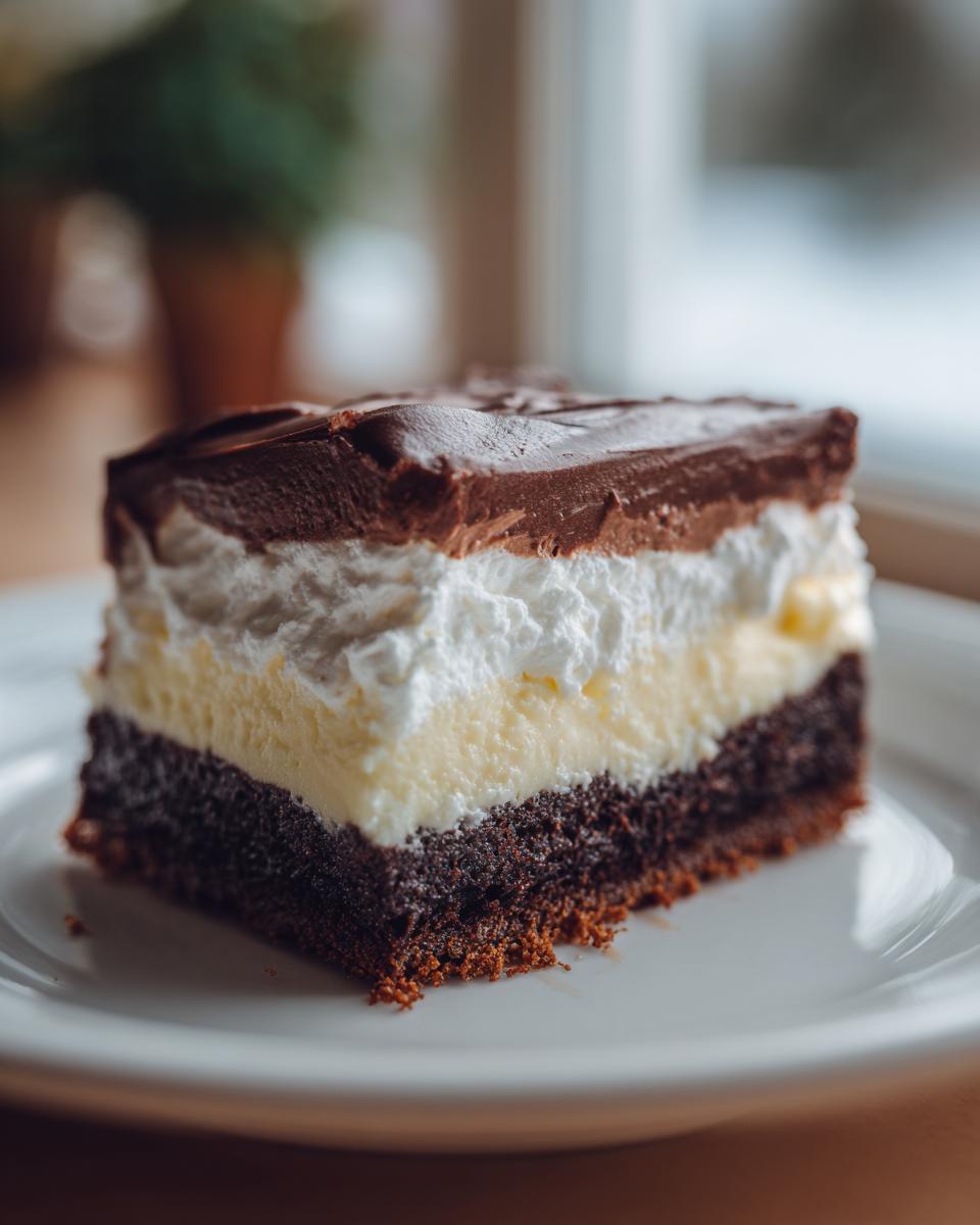 A rich slice of Italian love cake featuring a dark chocolate base, vanilla custard, whipped cream, and chocolate frosting.
