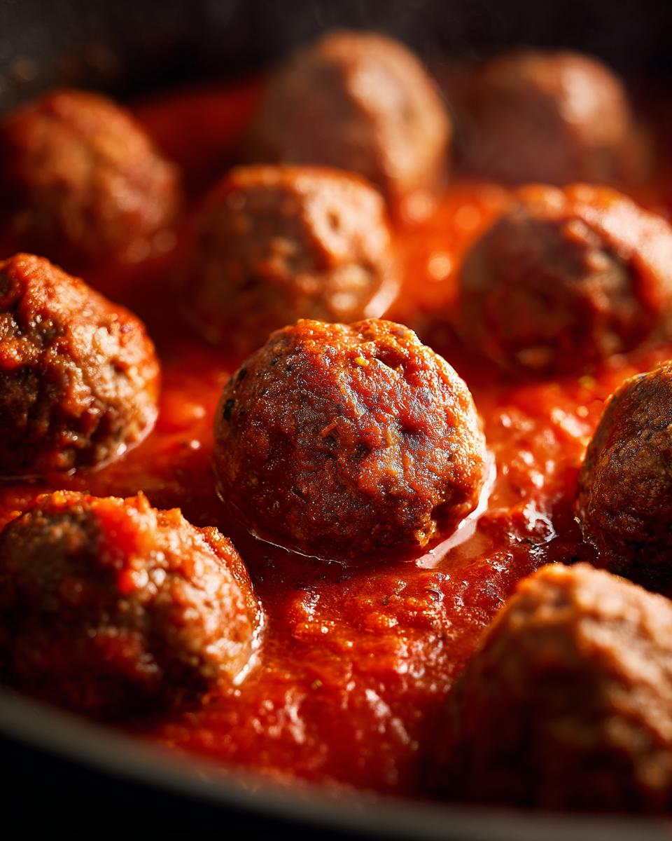 Close-up of tender Italian meatballs simmering in a rich, red tomato sauce.