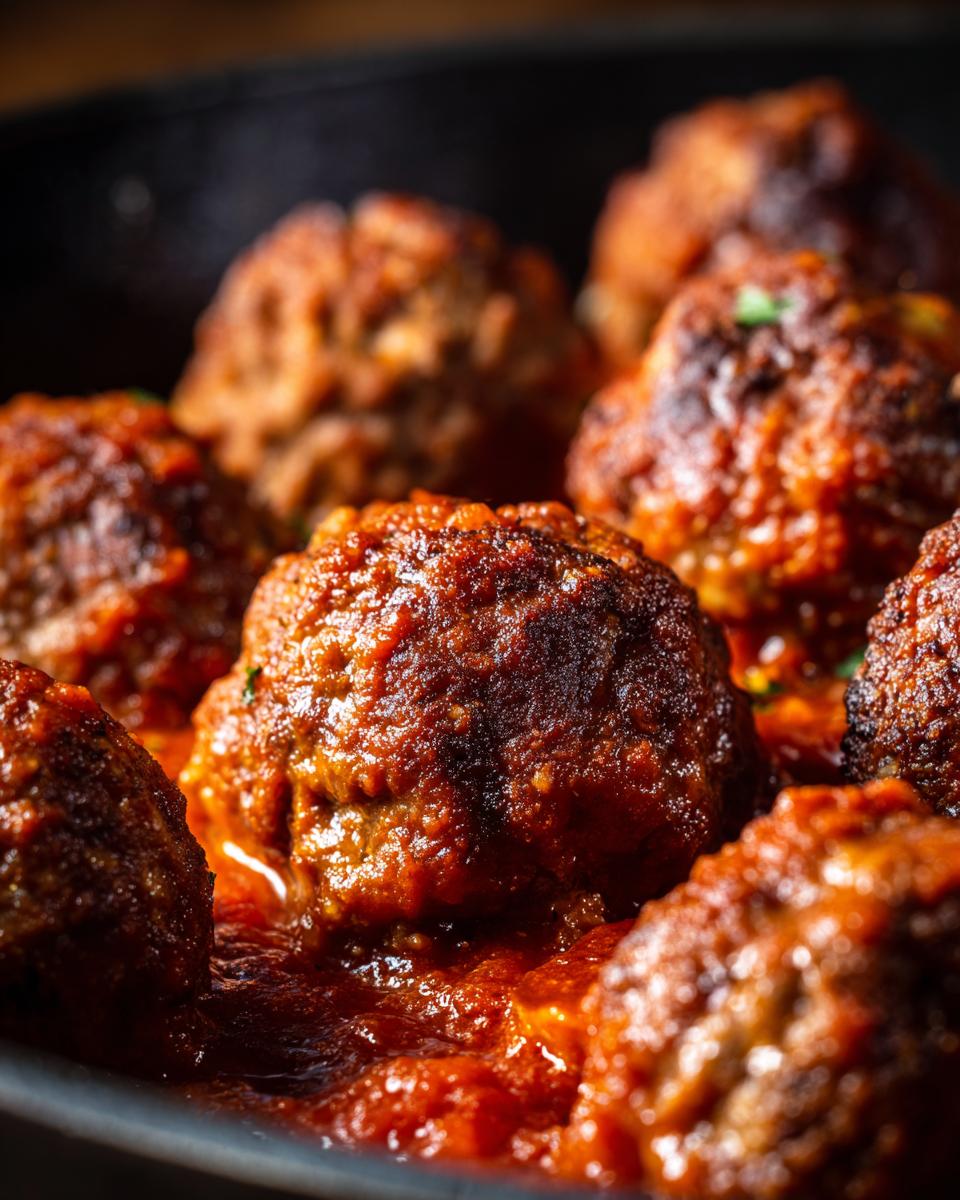 Close-up of tender Italian meatballs simmering in rich tomato sauce in a cast-iron skillet.