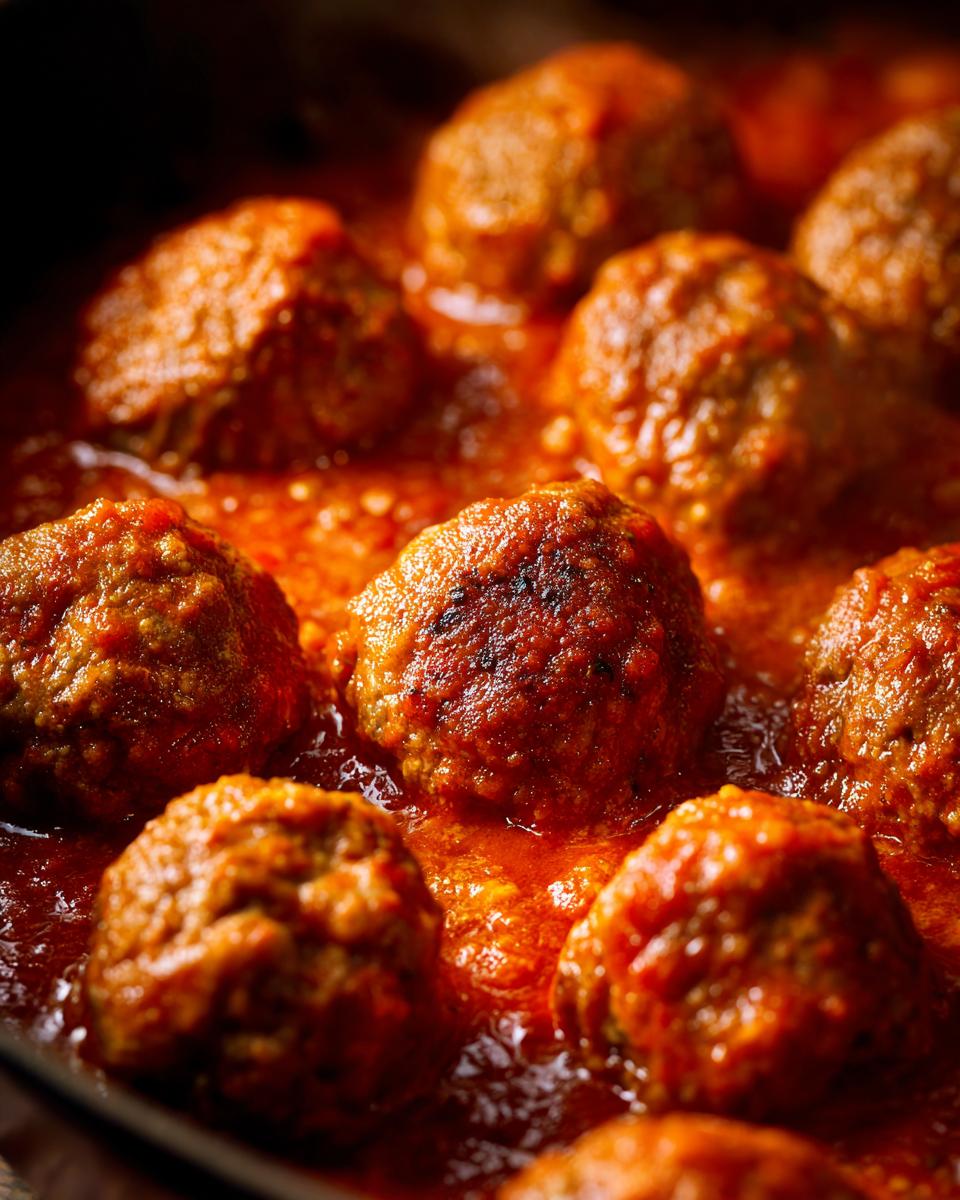 Close-up of tender Italian meatballs simmering in a rich tomato sauce.