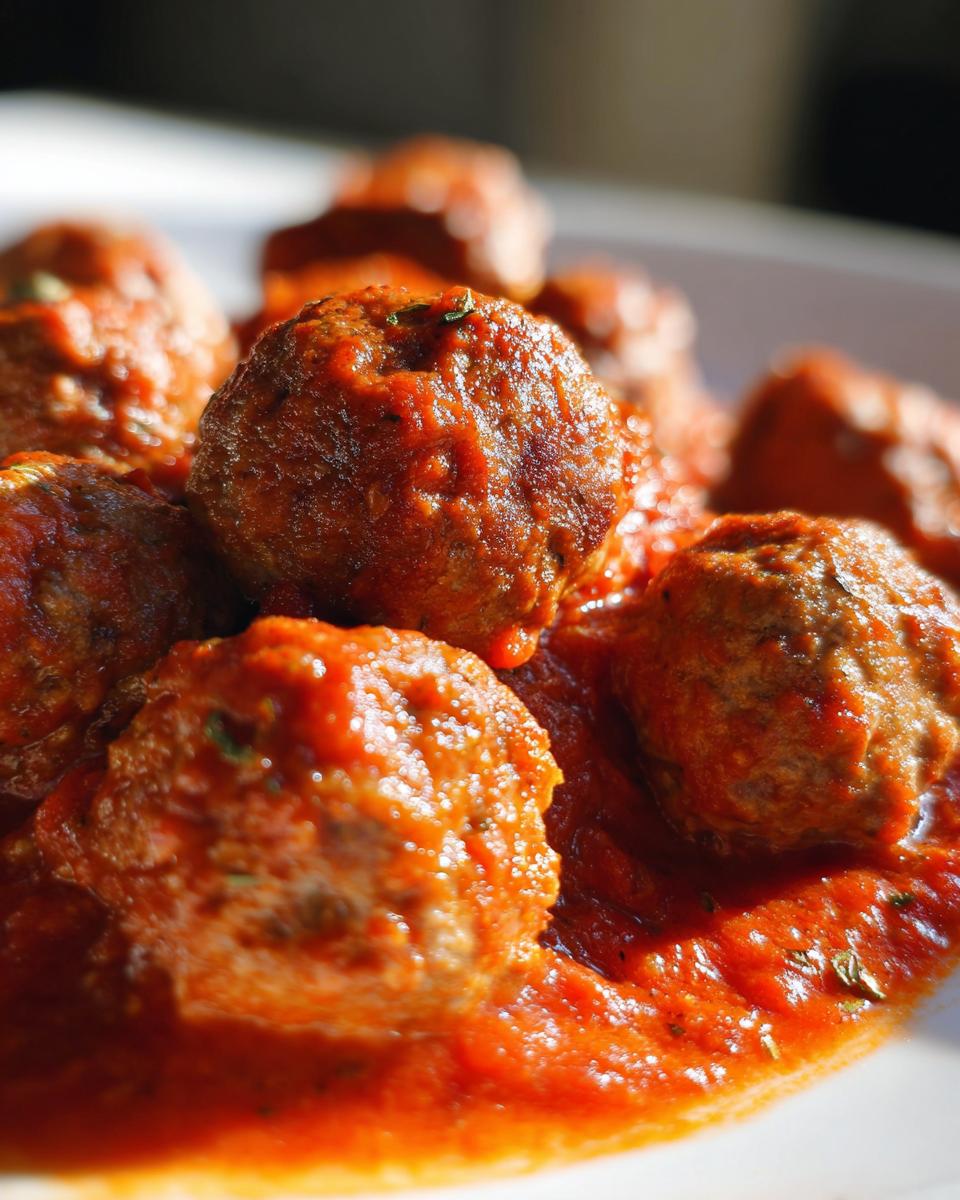 Close-up of tender Italian meatballs coated in rich tomato sauce, garnished with herbs.