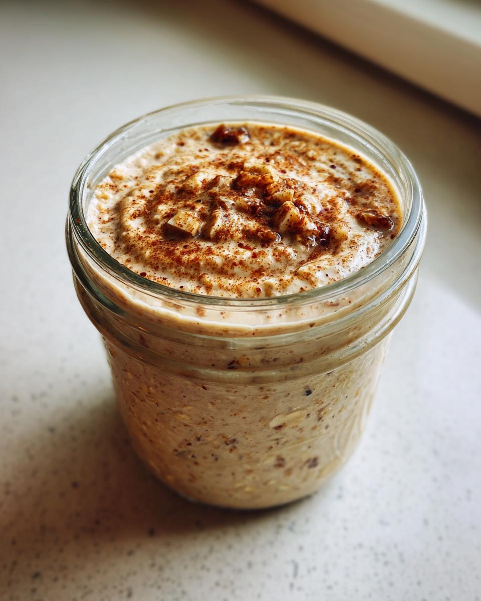Close-up of apple cinnamon overnight oats in a glass jar, topped with cinnamon and chopped nuts.
