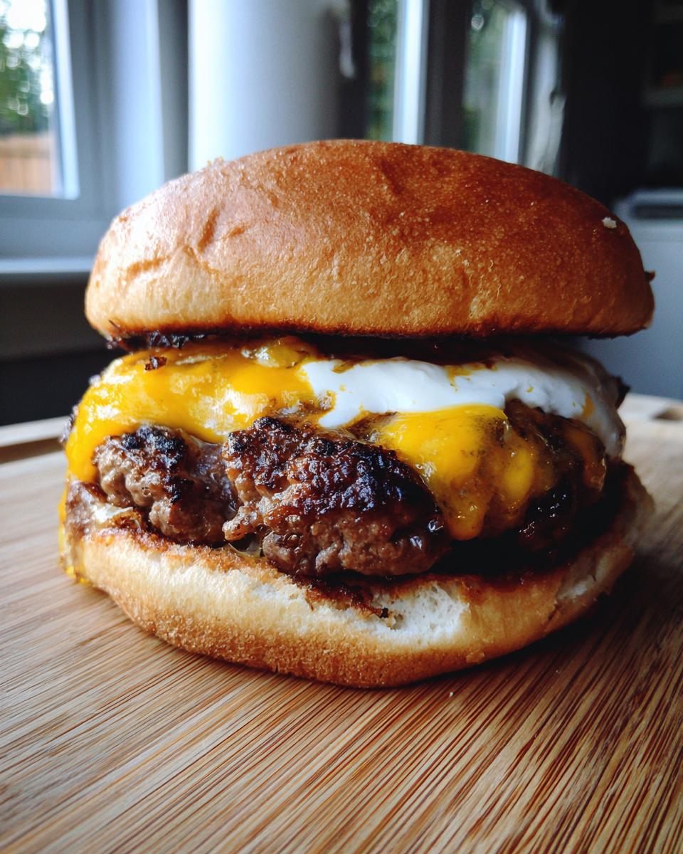 A close-up of a juicy burger with melted cheese and a fried egg on a wooden board.