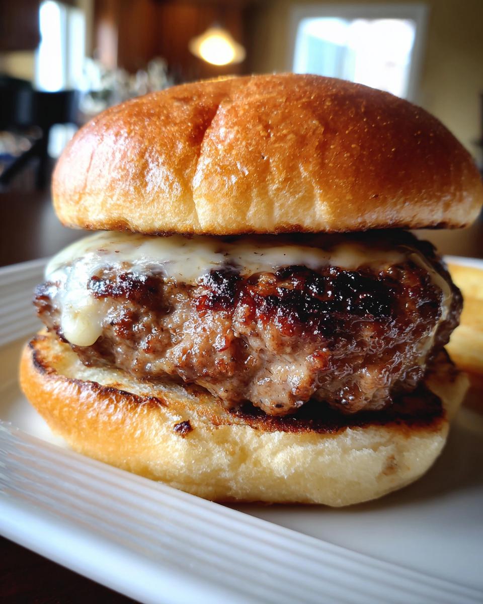 Close-up of a perfectly cooked juicy burger with melted cheese on a toasted bun.